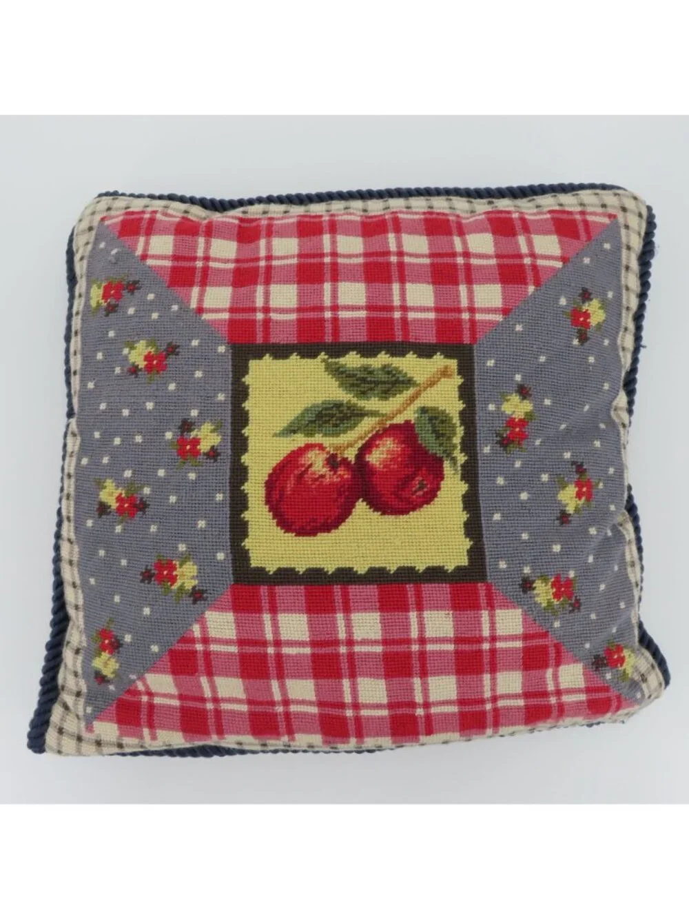 Needlepoint Country Apple Floral Red Blue Beige Check Plaid Velvet Throw Pillow